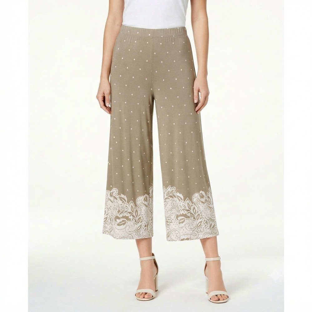 Susan Graver Pants Womens XL Liquid Knit Crop Tan White Polka Dot Paisley Border
